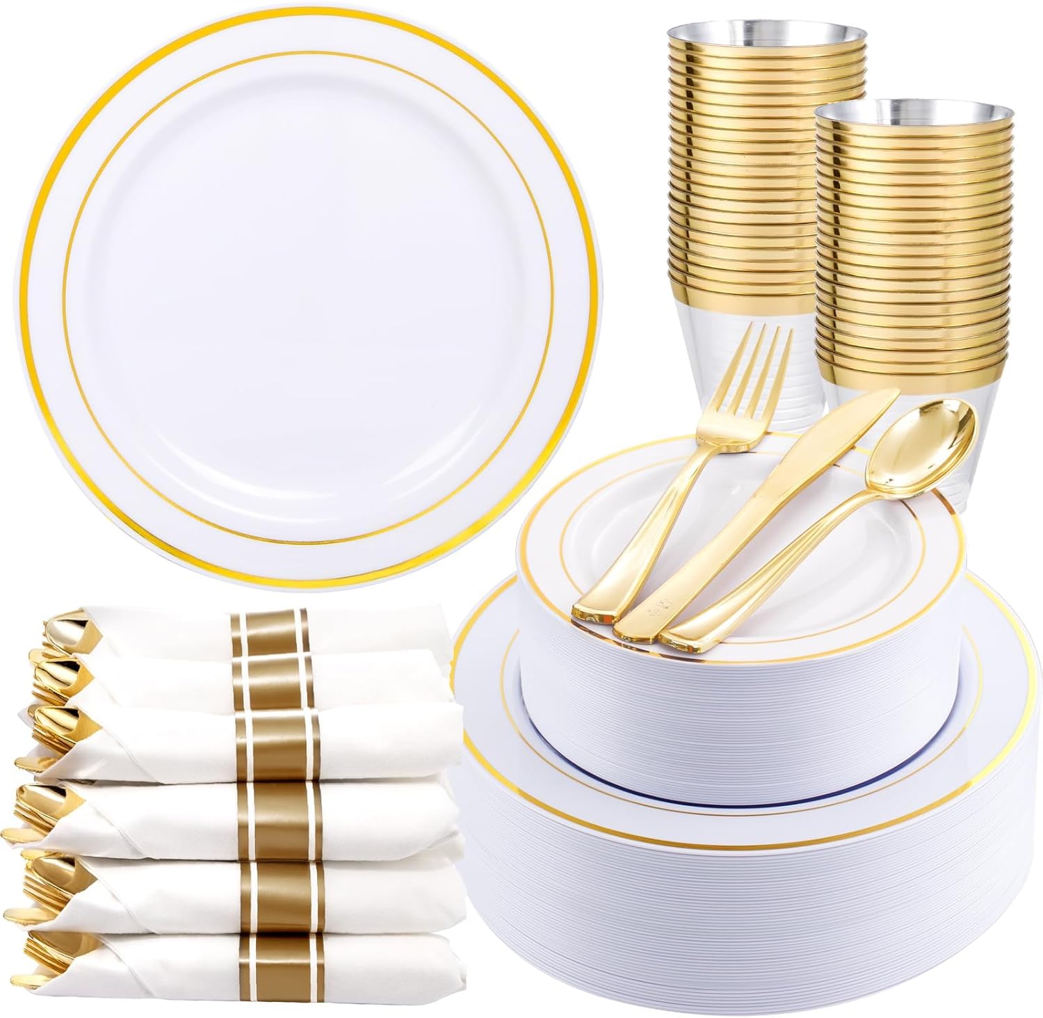 WDF Partyware 350Piece Gold Dinnerware Set for 50 Guests - Gold Plastic Plates with Disposable Cutlery - 50Dinner Plates-50Dessert Plates-50Pre Rolled