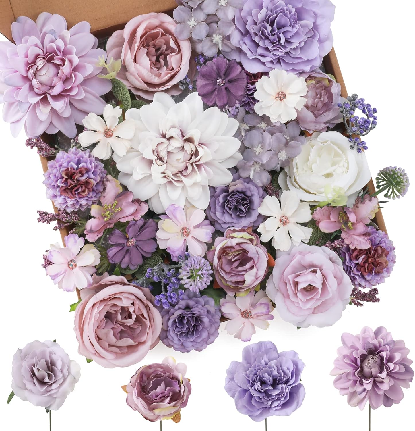 Floweroyal Artificial Flowers Combo Purple Flowers Mix Silk Flowers Dahlia Roses with Stems for DIY Wedding Bridal Bouquets, Baby Shower, Floral Arran