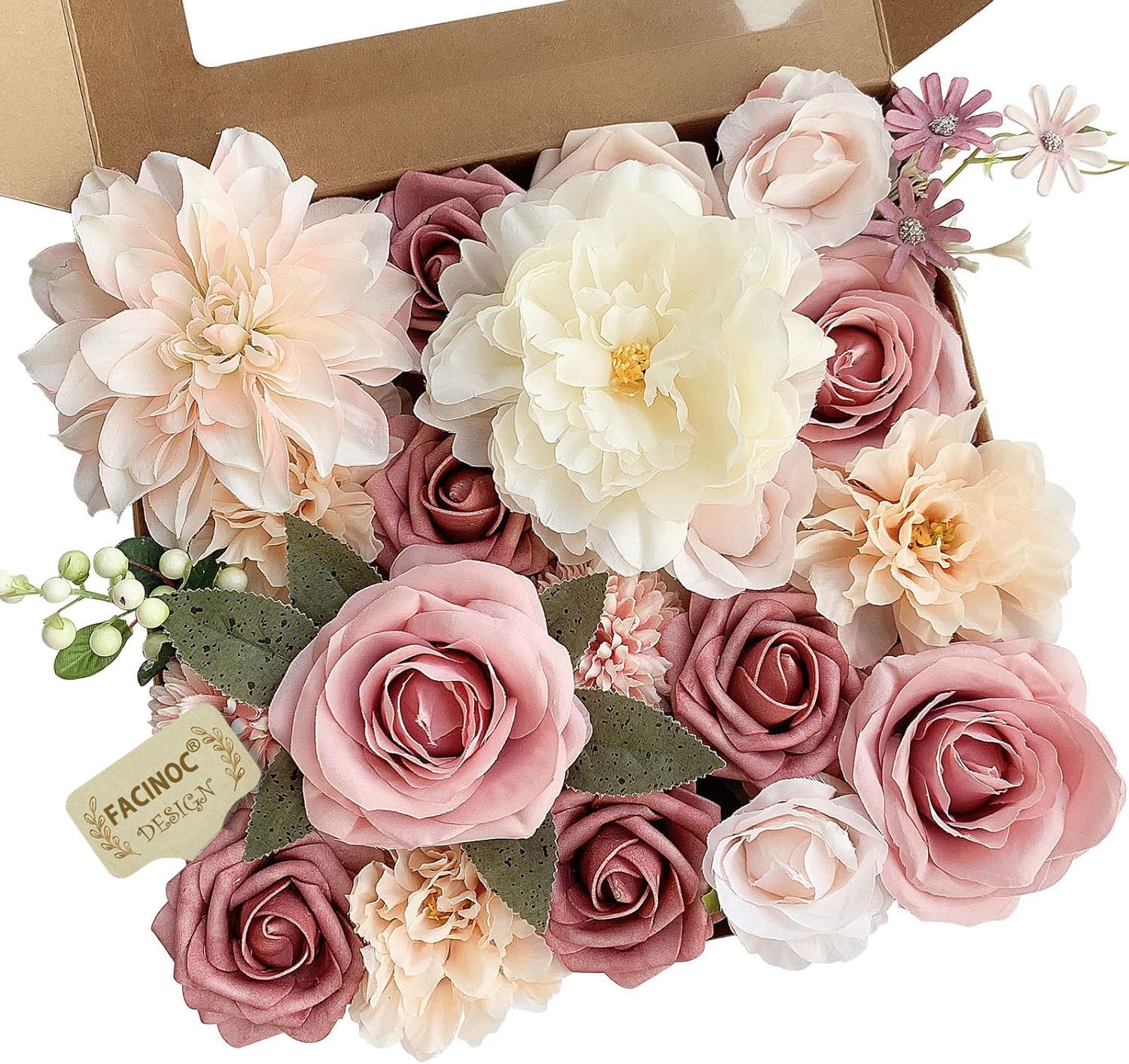 FACINOC Roses Artificial Flowers Pink Bouquets Box Set for DIY Bridal Wedding Shower Decorations Fake Floral Arrangements for Party Table Centerpieces