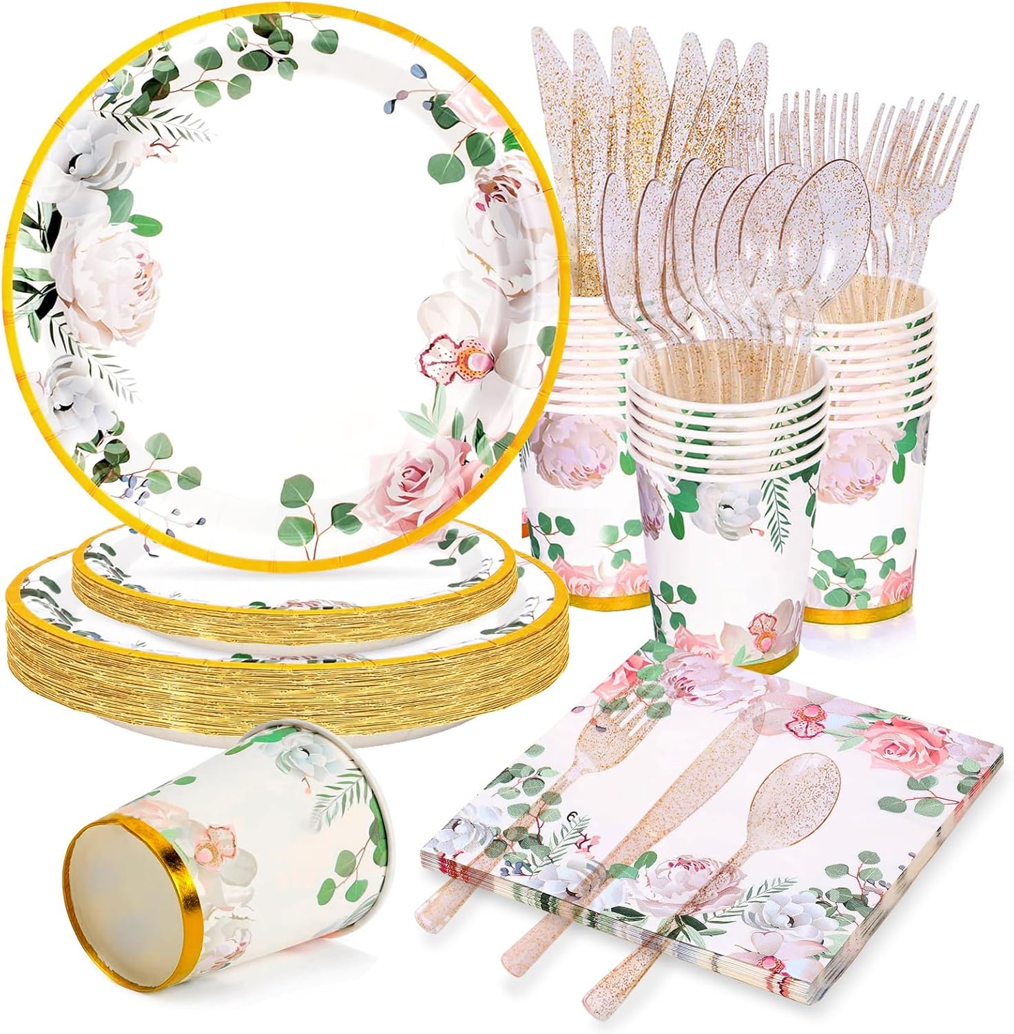 168 PCS Floral Plates and Napkins Party Supplies Serve 24 Flower Disposable Paper Dinnerware Sets for Adults Bridal Shower Decorations Baby Shower Bir