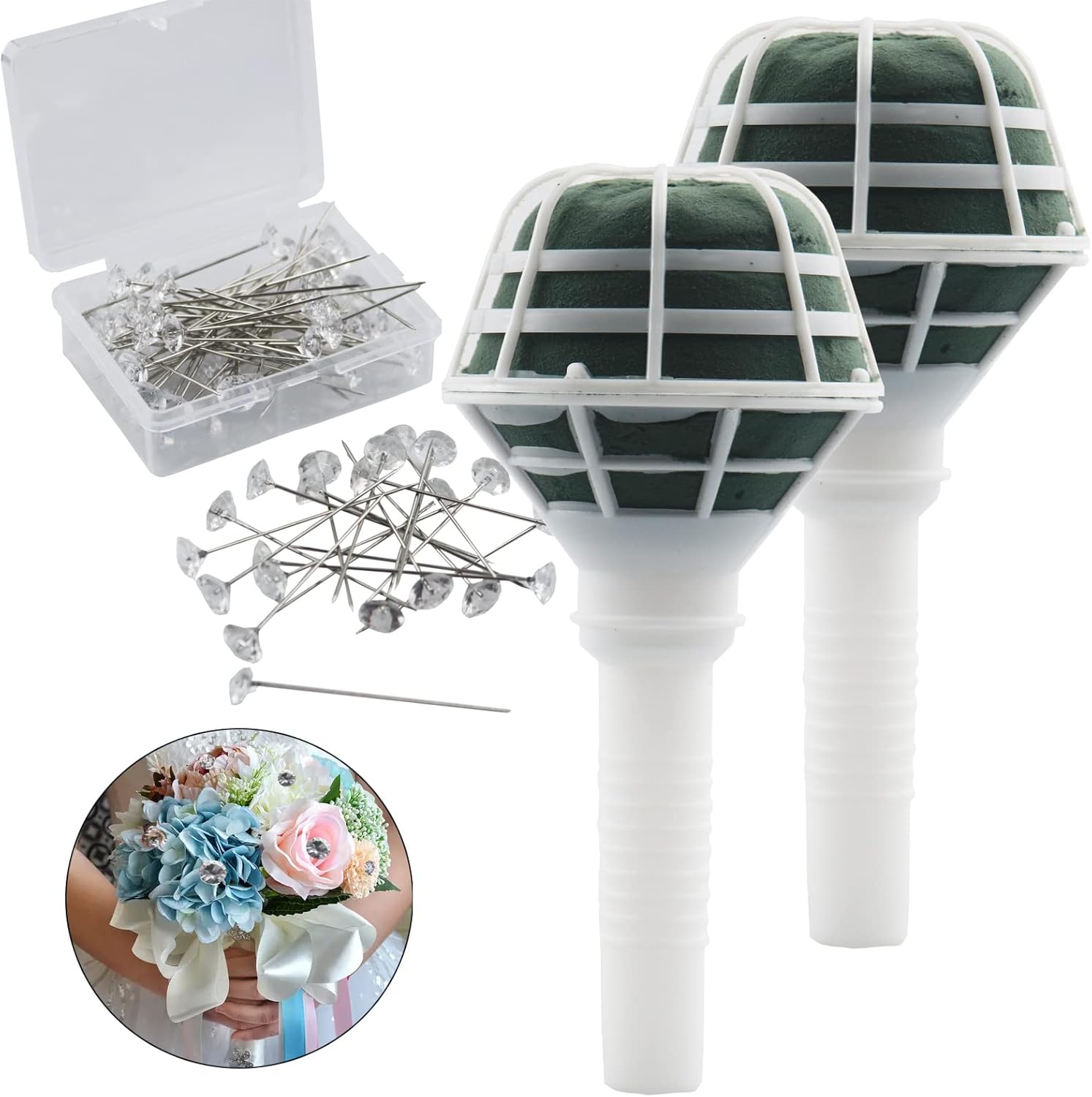 Arlai 2pcs 7.1" Bridal Bouquet Stand Wedding Bridal Bouquet Holder Foam Flower Handles (Green+White), with 50pcs Bouquet Pin Brooch Flower Pin Teardro