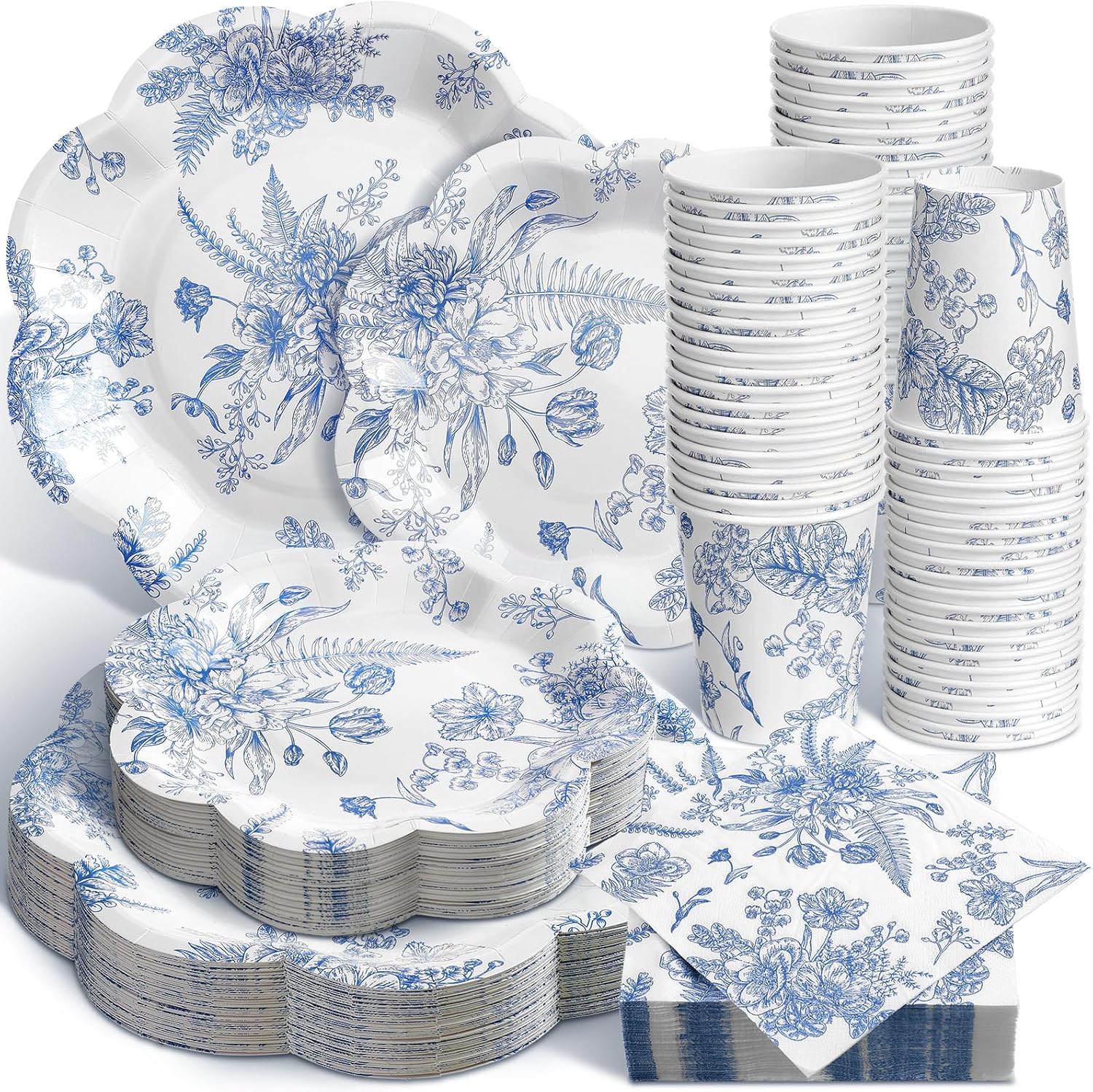 Newtay 250 Pcs Blue Floral Disposable Plates and Napkins Blue and White Floral Paper Tableware Set for 50 Guests Paper Plates Napkins Cups for Wedding