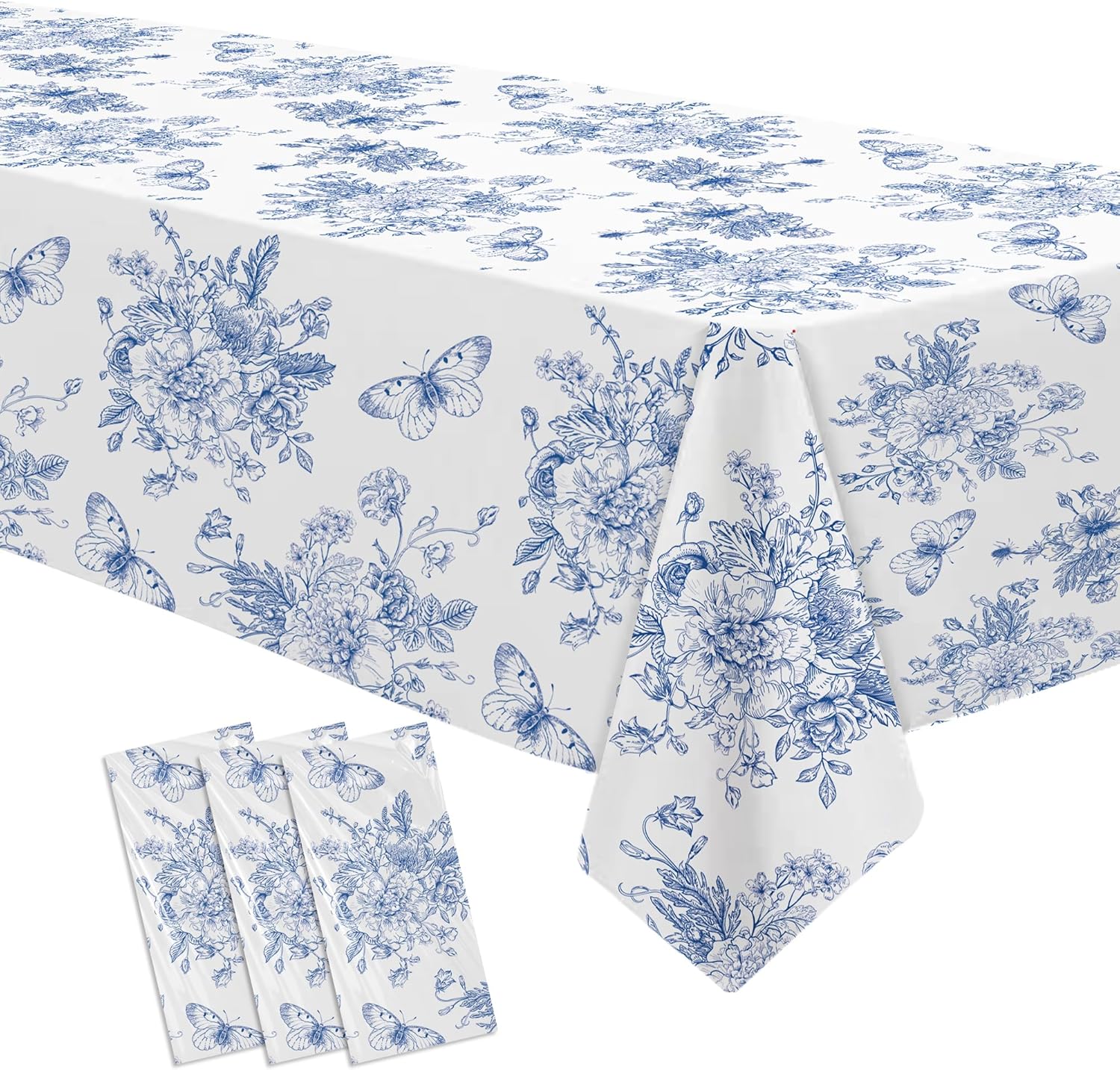 Blue and White Floral Party Tablecloth Decorations, 3pcs Disposable Elegant Dusty Blue Flower Party Supplies Table Cover, for Birthday Baby Bridal Sho