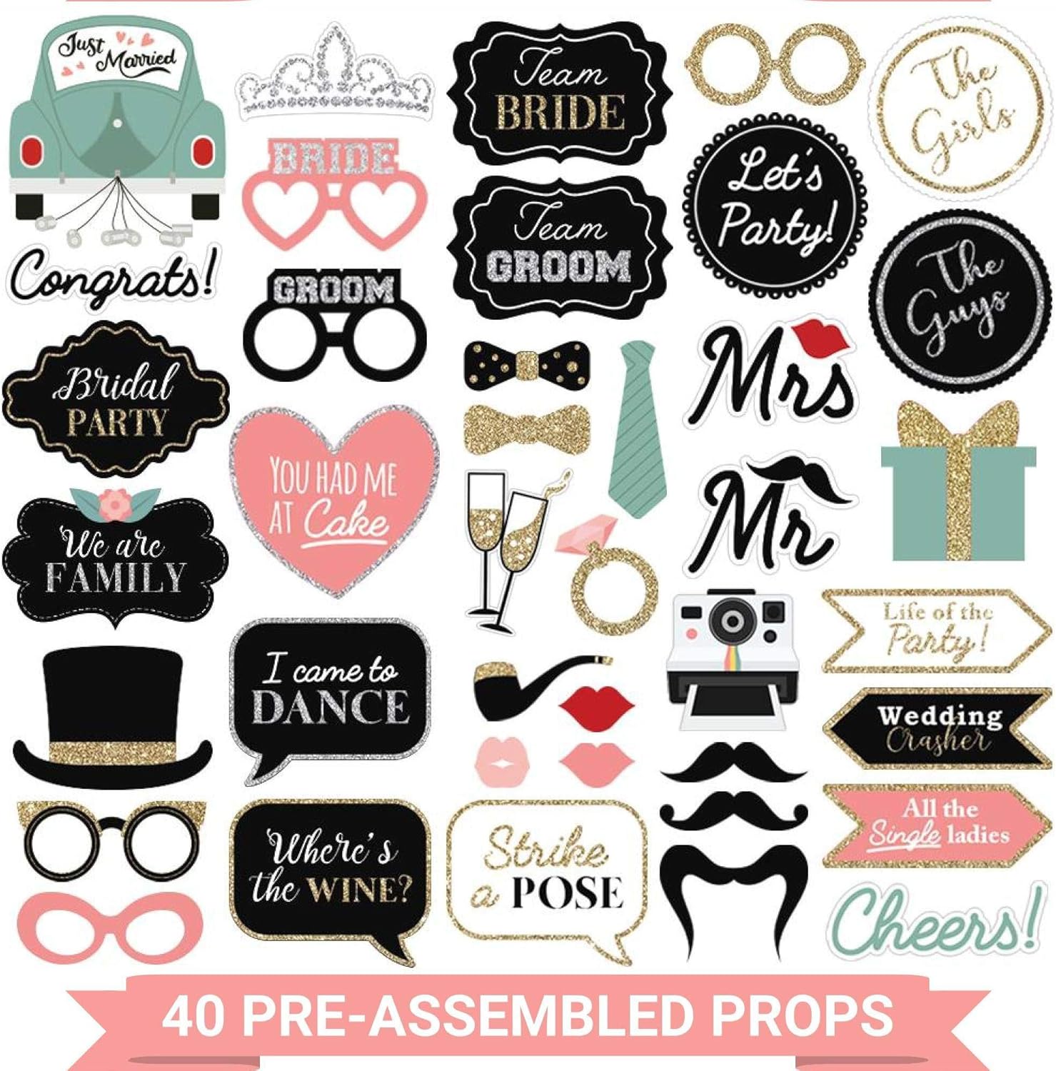 Fully Assembled Wedding Photo Booth Props - Set of 40 - Pink & Teal | No DIY - Pre-Assembled Gold, Pink, Teal, & Silver Selfie Signs - Cute Wedding Pa