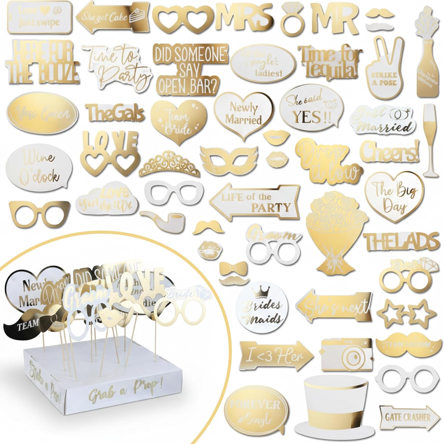 SOUL SHIFT 60PCs Fully Assembled Wedding Photo Booth Props - Prop Stand - Gold Signs - Elegant Wedding & Reception Party Supplies- Funny Wedding Props