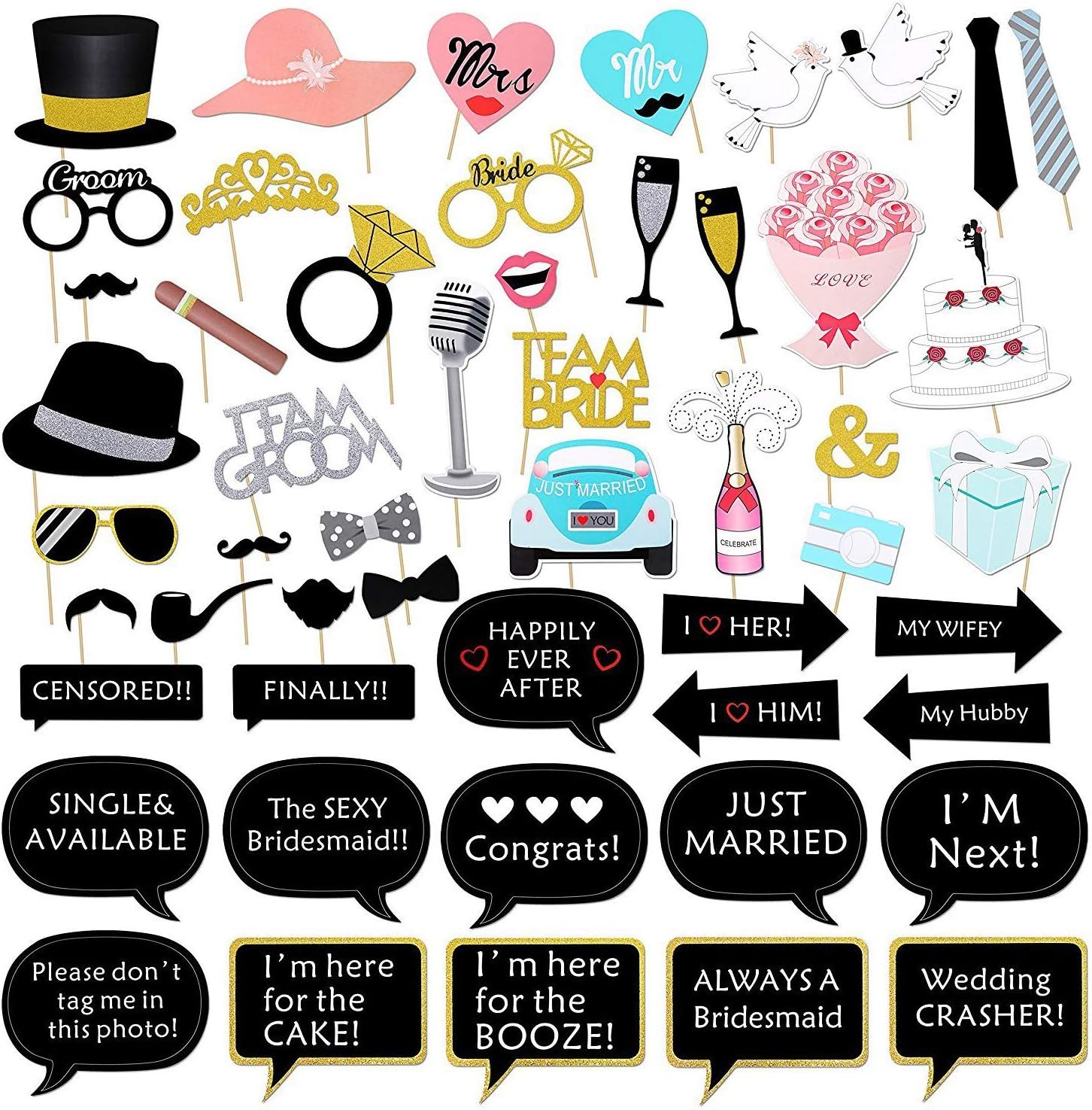 Kotbs 52pcs Wedding Photo Booth Props for Bridal Shower & Engagement Party | Gold, pink, teal and silver themed props including mustaches, lips, glass