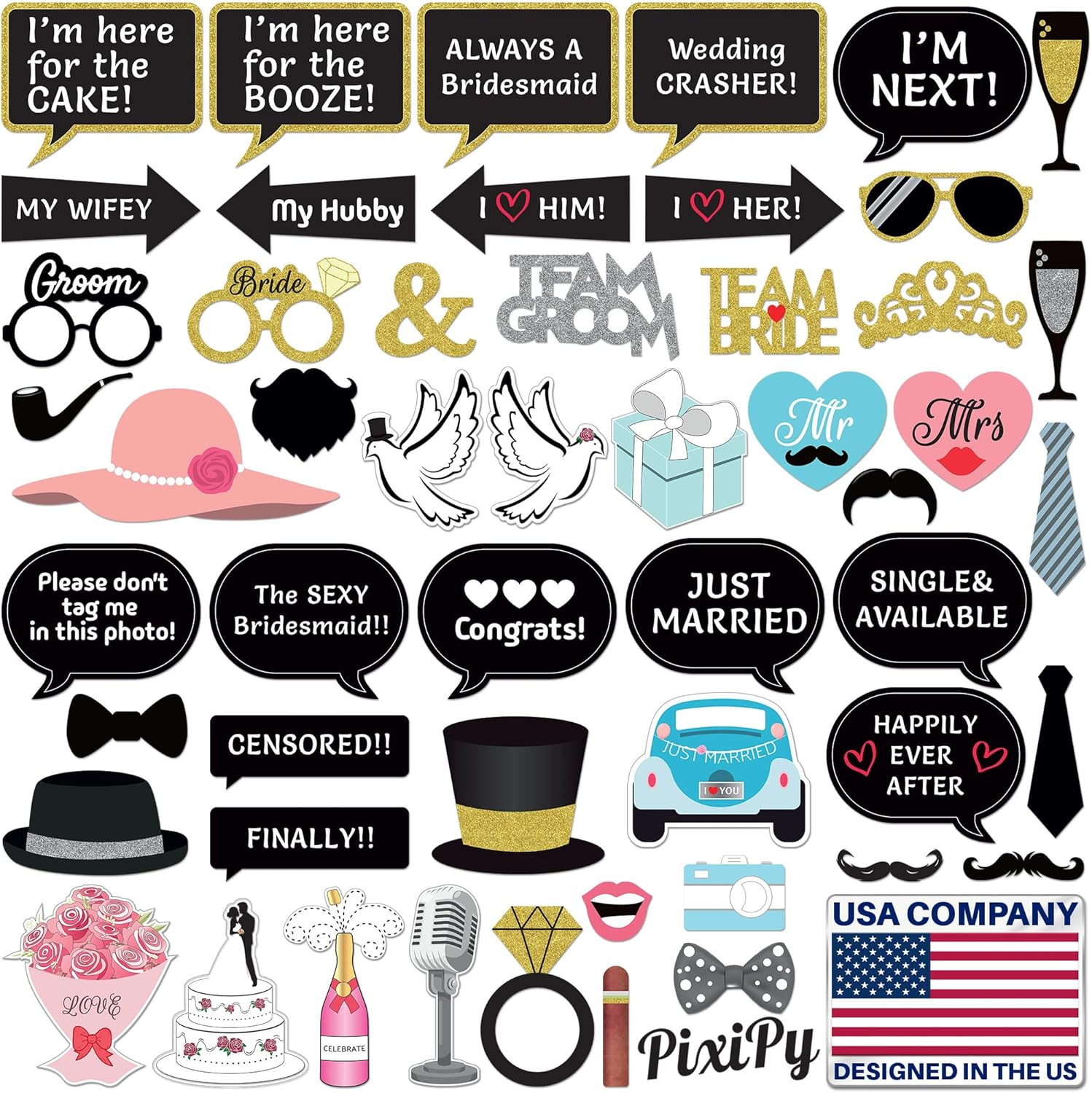 Wedding Photo Booth Props - 52 Pieces, Multicolored - Fun Photoshoot Party Selfie Accessories - Silly Group Picture Favors for Wedding Reception or An