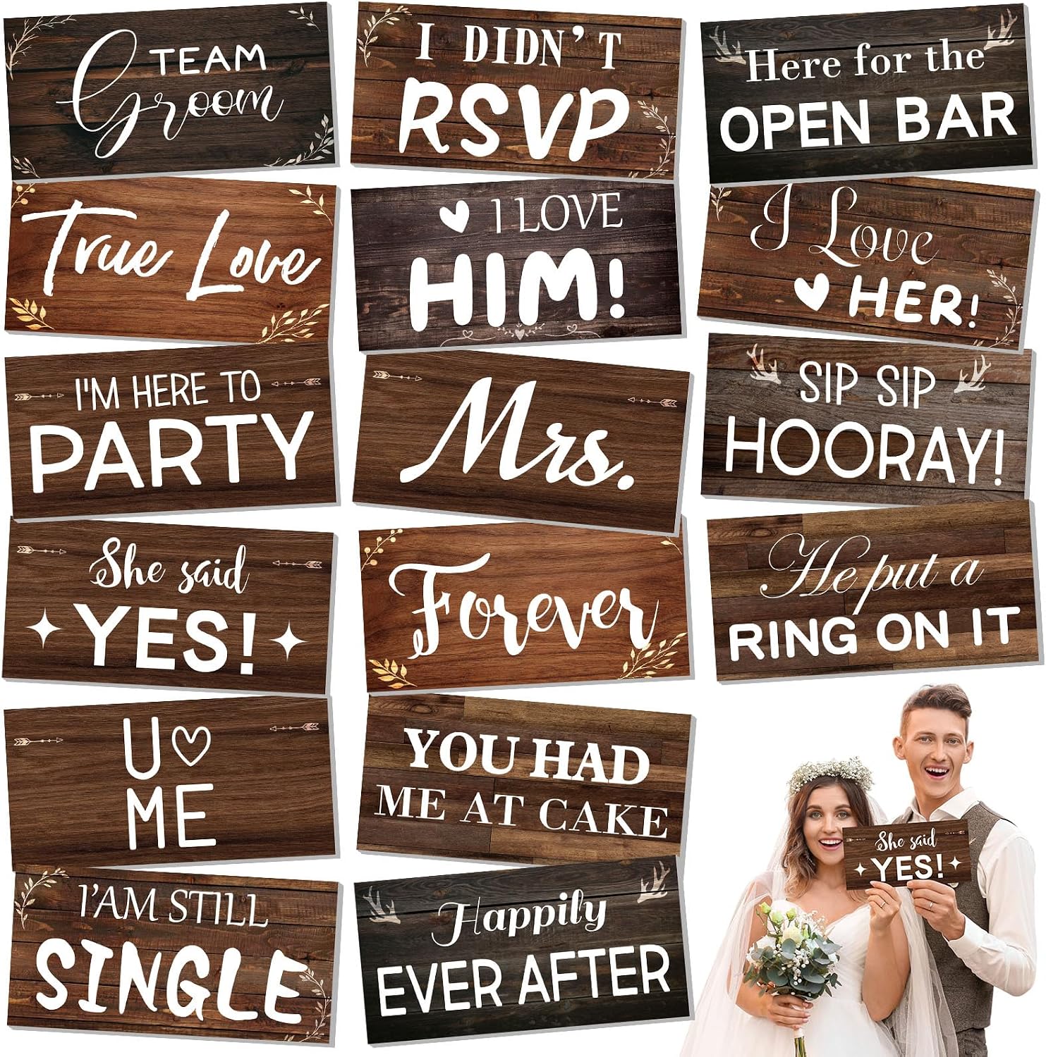 24 Designs Rustic Wedding Photo Booth Props Retro Wood Grain Texture Party Sign Decor Double Sided 11x5.5 Inch Water Proof Props for Wedding, Bridal P