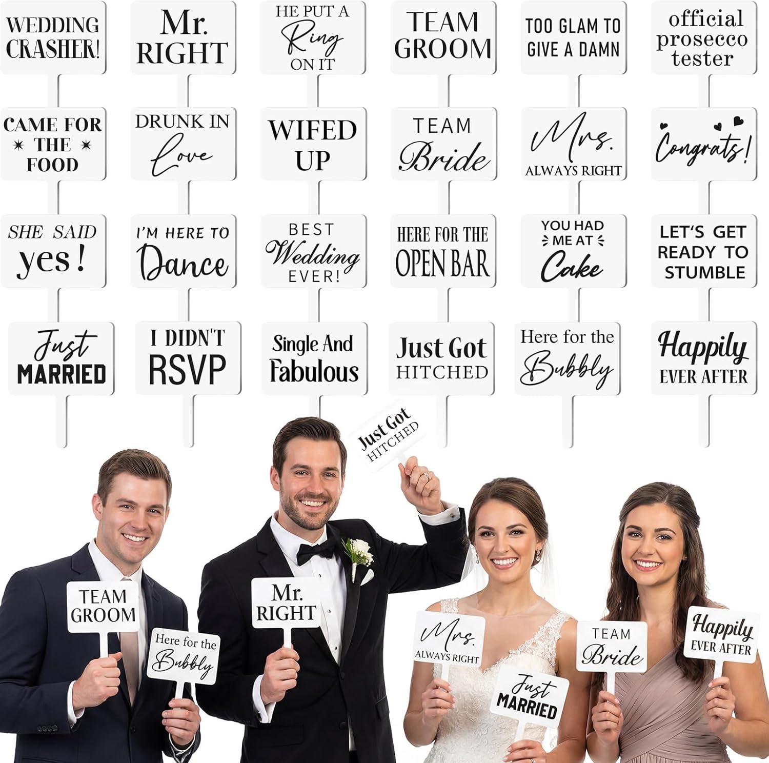 Beeveer 24 Designs Wedding Party Decorations Photo Booth Props Double Sided 13.4 x 5.5 Inch White Bridal Shower Photo Booth Props PVC Printing for Wed