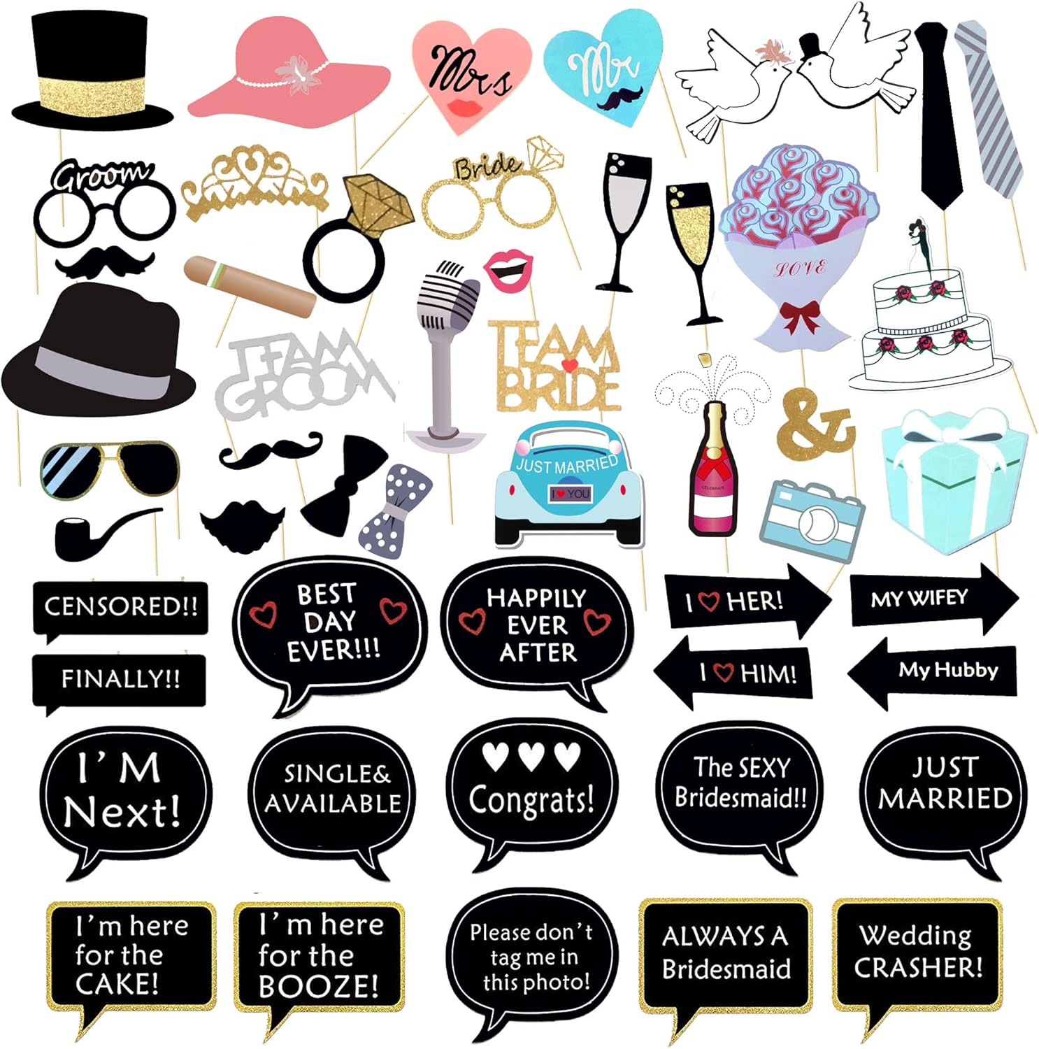 52 Pcs Wedding Photo Booth Props Kit, DIY Funny Bridal Shower Photo Props for Engagement Party Decorations with Sticks, Real Glitter Bachelorette Part