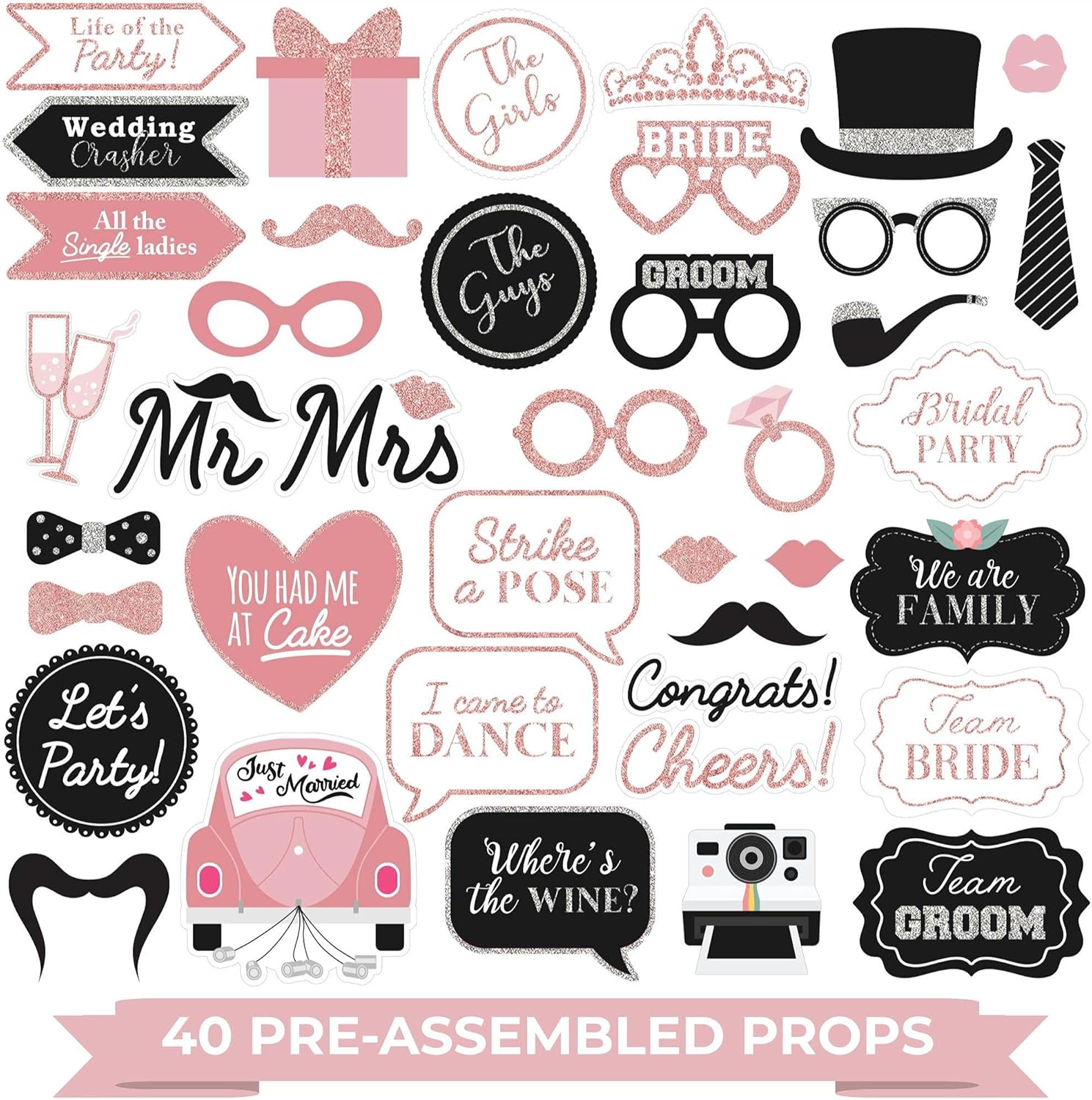 Fully Assembled Wedding Photo Booth Props - Set of 40 - Rose Gold & Pink | No DIY - Pre-Assembled Rose Gold, Pink, & Silver Selfie Signs - Cute Weddin