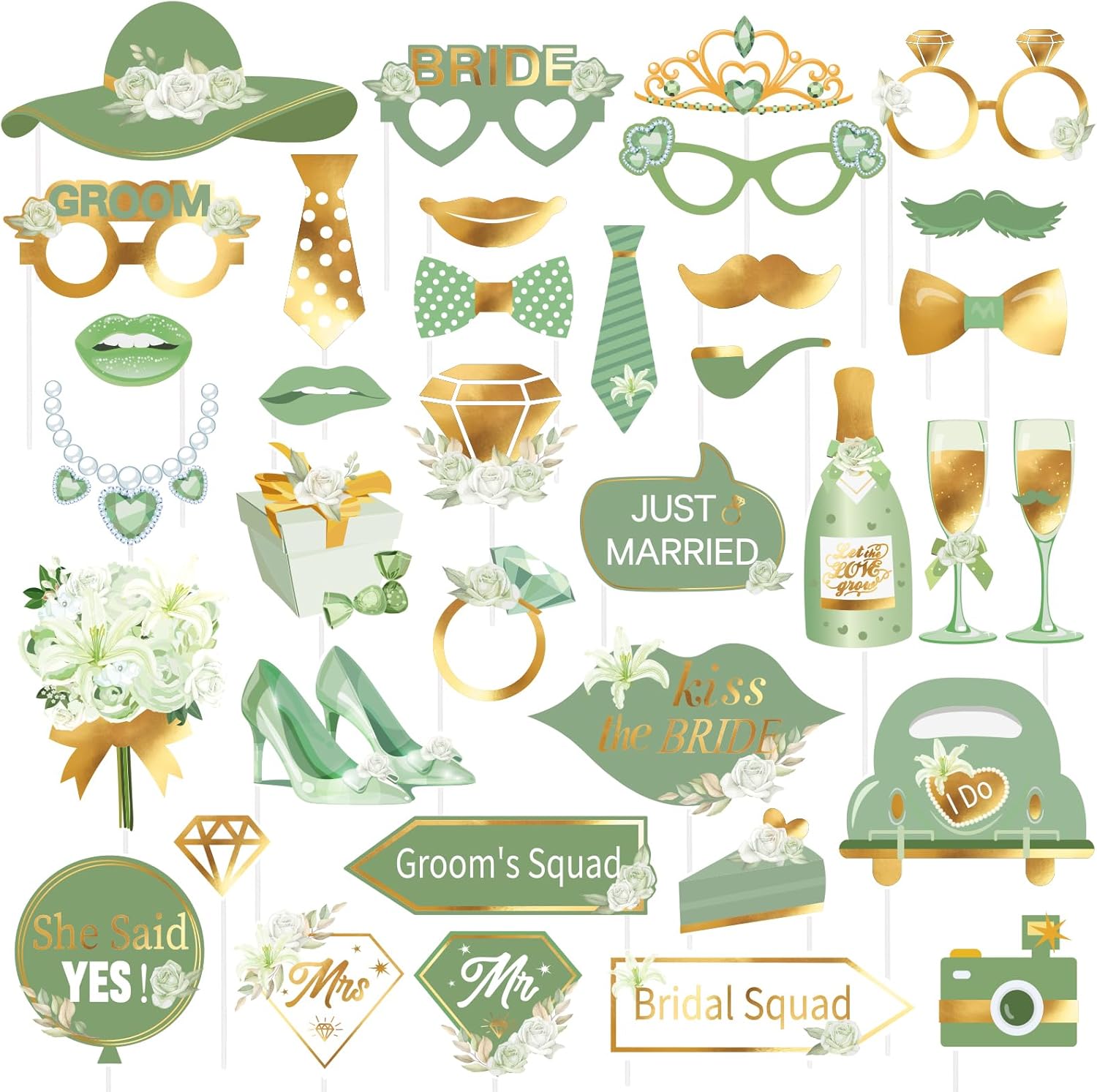 SUNBEAUTY 38 PCS Sage Green Wedding Photo Booth Props,Bridal Shower Photo Props, Engagement Party Decorations, Wedding Decorations for Ceremony Outsid