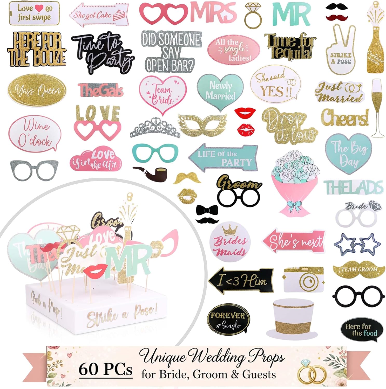 SOUL SHIFT - 60PCs Pastel Themed Wedding Photo Booth Props - Pre-Assembled - Elegant Wedding & Reception Party Props - Funny Props - Real Glitter - Br