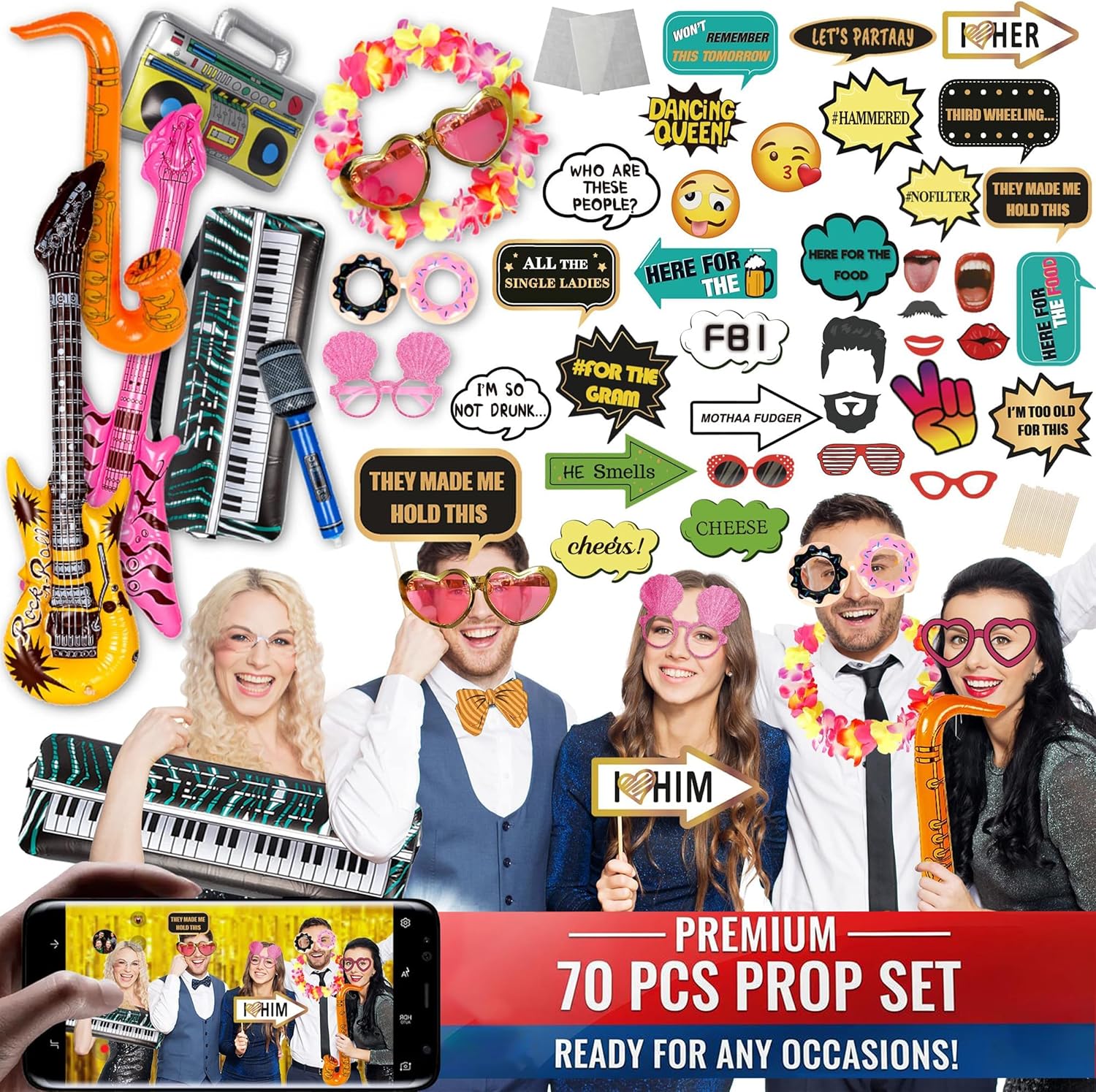 SOUL SHIFT 70 Pc Large Premium Photo Booth Props Set for All Occasions - Wedding Props, Birthday Props, Graduation Prop, Inflatables, Large Glasses, M