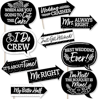 Funny Mr. and Mrs. - Black & White Wedding Photo Booth Prop Kit - 10pc | Mexiacan Themed Party Decorations, Arrow and Speech Bubble Shapes for Bachelo