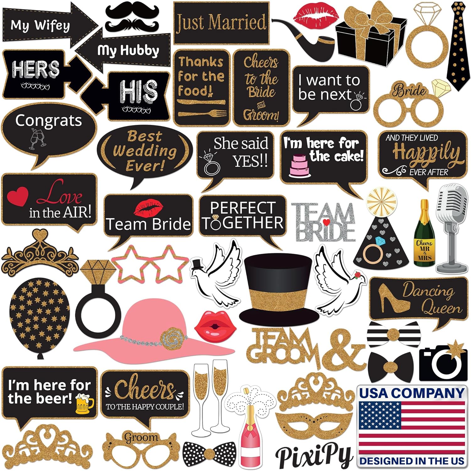 Wedding Photo Booth Props - 53 Pieces, Multicolored - Fun Photoshoot Party Selfie Accessories - Silly Group Picture Favors for Wedding Reception, Anni