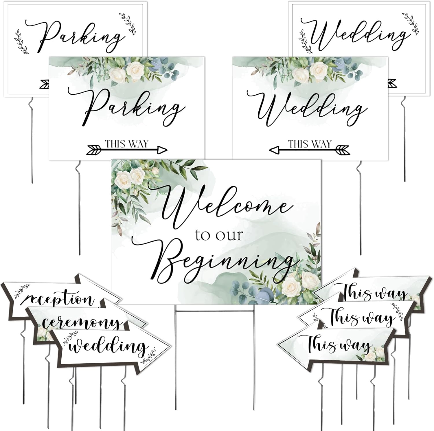 11Pcs Wedding Direction Arrow Signs, Welcome to Our Beginning Sign with H-Stakes 1725 In, Double Sided Printed This Way Directional Ceremony Reception
