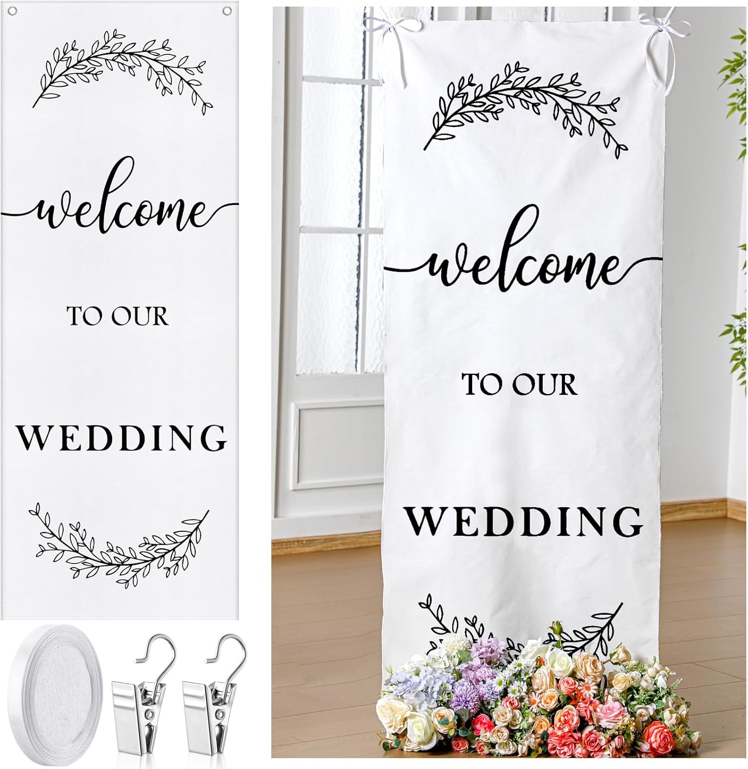 Yousoontic Welcome to Our Wedding Linen Rustic Wedding Welcome Banner Plain Ceremony Banner with Satin Ribbon and Retaining Clip for Ceremony, Arch, R