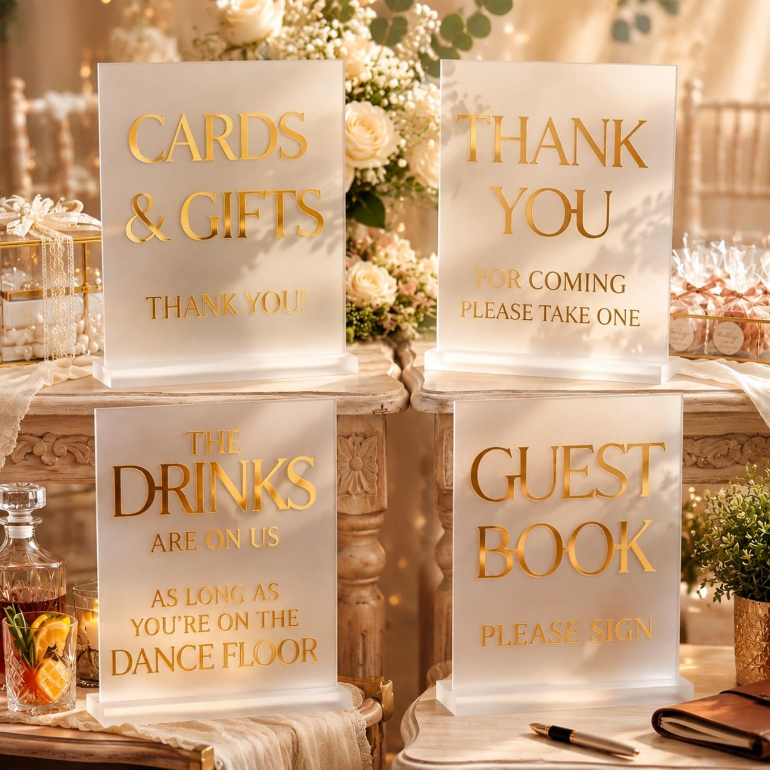 Amyhill 4 Pcs Wedding Signs for Reception and Ceremony 8 x 10 Inch Frosted Acrylic with 3D Golden Mirror Letter Wedding Table Sign with Stand Cards an