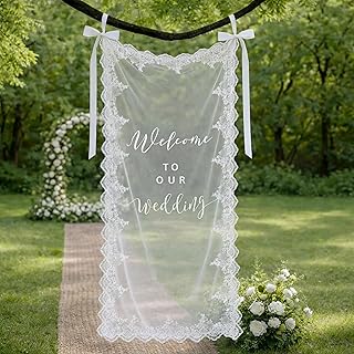 Boao Sheer Wedding Welcome Sign with Lace Edge Fabric Welcome to Our Wedding Sign Tulle Entrance Banner Organza Outdoor Arch Decor for Engagement Brid