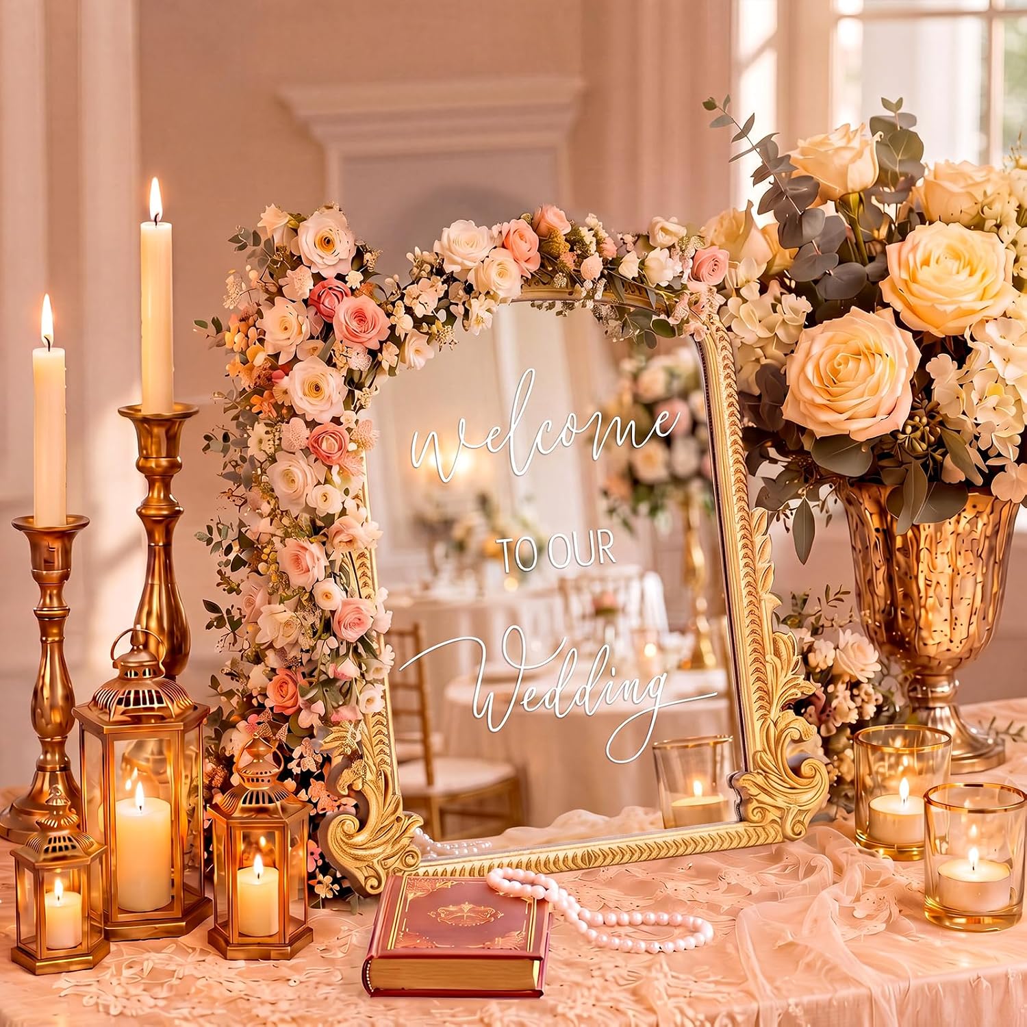 Bucherry Vintage Love Wedding Sign Welcome to Our Wedding Mirror Plaque Elegant Resin Frame with Mirror 12" x 7.5" Baroque Reception Decor Gold Table 