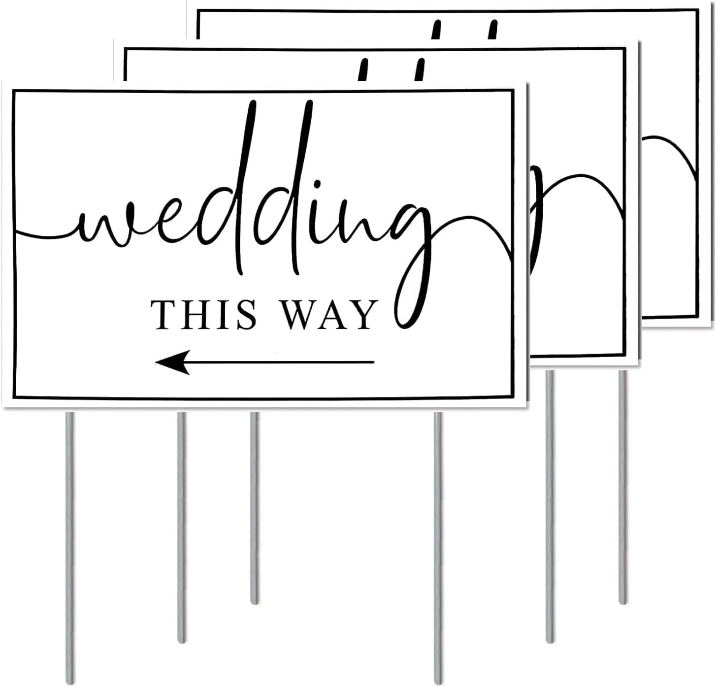 Wedding Direction Arrow Signs 3-Pack - Double-Sided Printed This Way Signs with Metal Stakes for Wedding Ceremony and Reception - 17 x 12 Inch