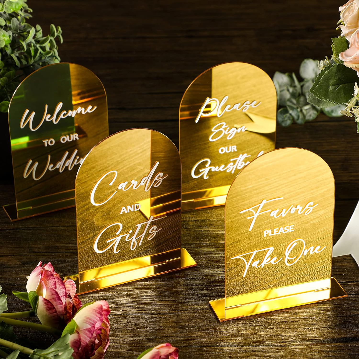 Woanger 4 Pcs Arch Acrylic Wedding Signs for Ceremony and Reception 4 x 6 Inches Gold Metal Welcome Wedding Signage with Stand, Gifts and Cards with H