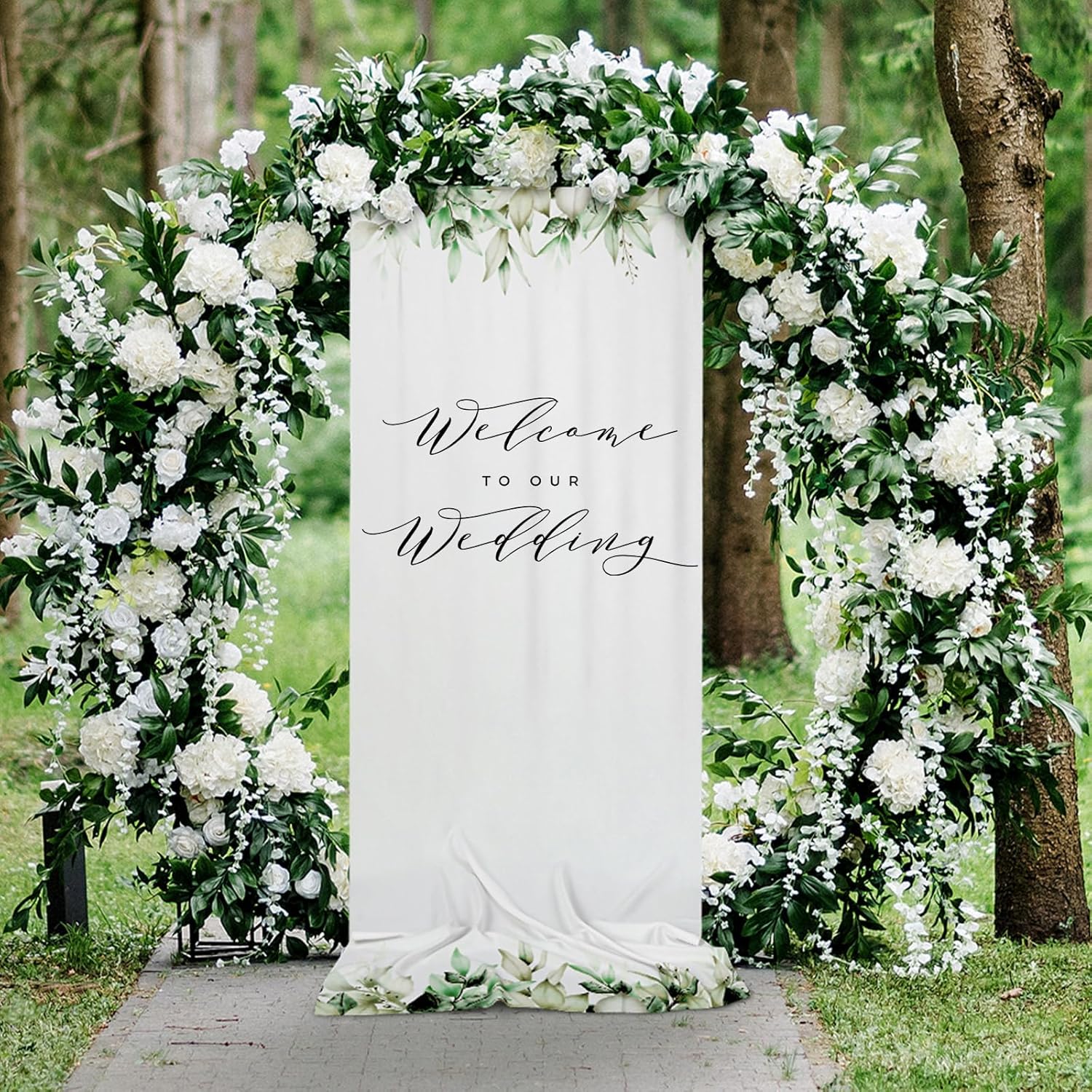 HunnmingRe 29 x 78 Inch Welcome to Our Wedding Sign with 2 Clips Greenery Welcome Arch Reception Backdrop Rustic Linen Fabric Wedding Sign Banner for 