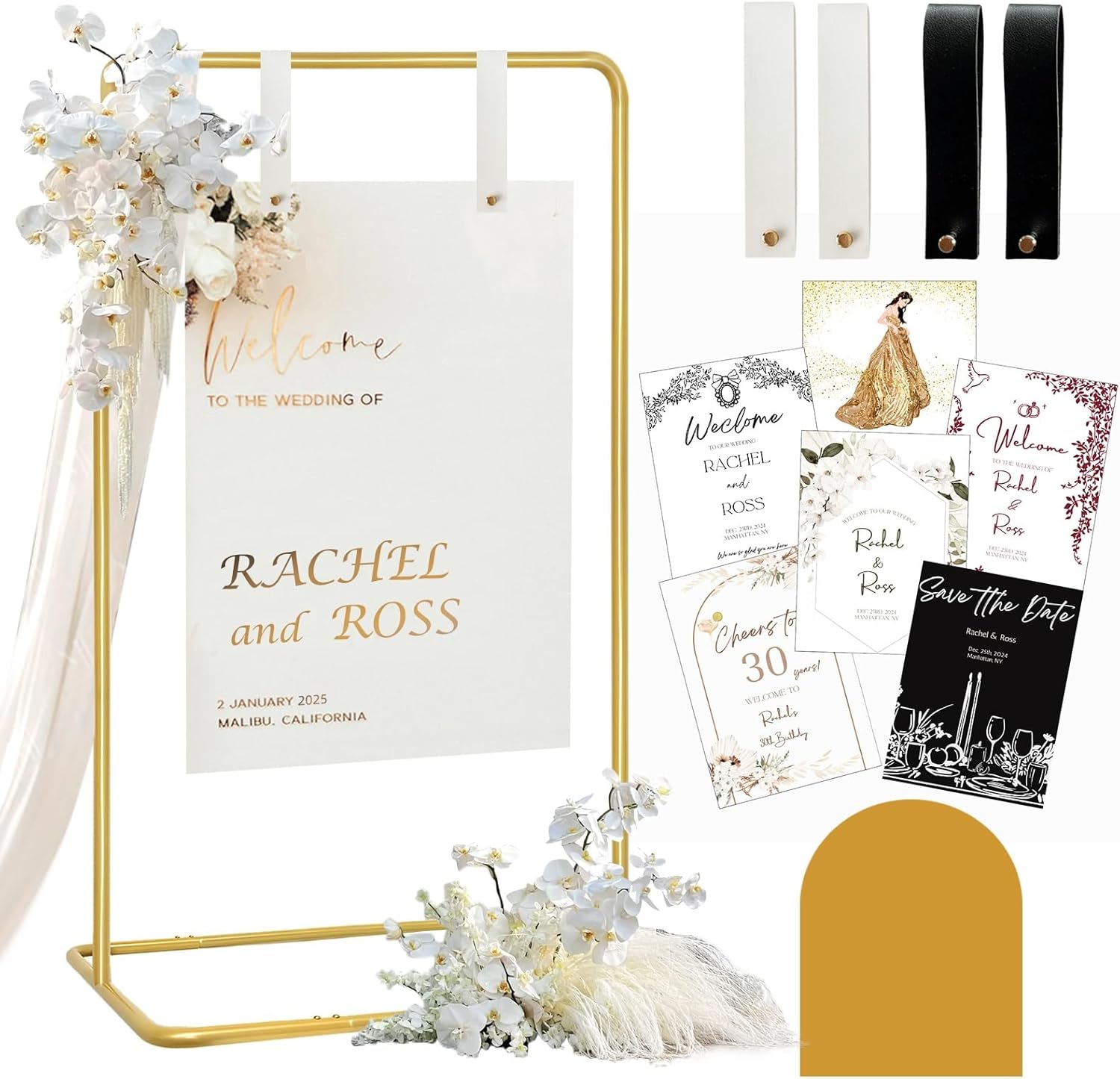 Wedding Sign Holder, Adjustable Welcome to Our Wedding Sign Stand W/Design Bundle & Leather Sign Hanging Straps, Heavy Duty Easel Stand for Sign, Wedd